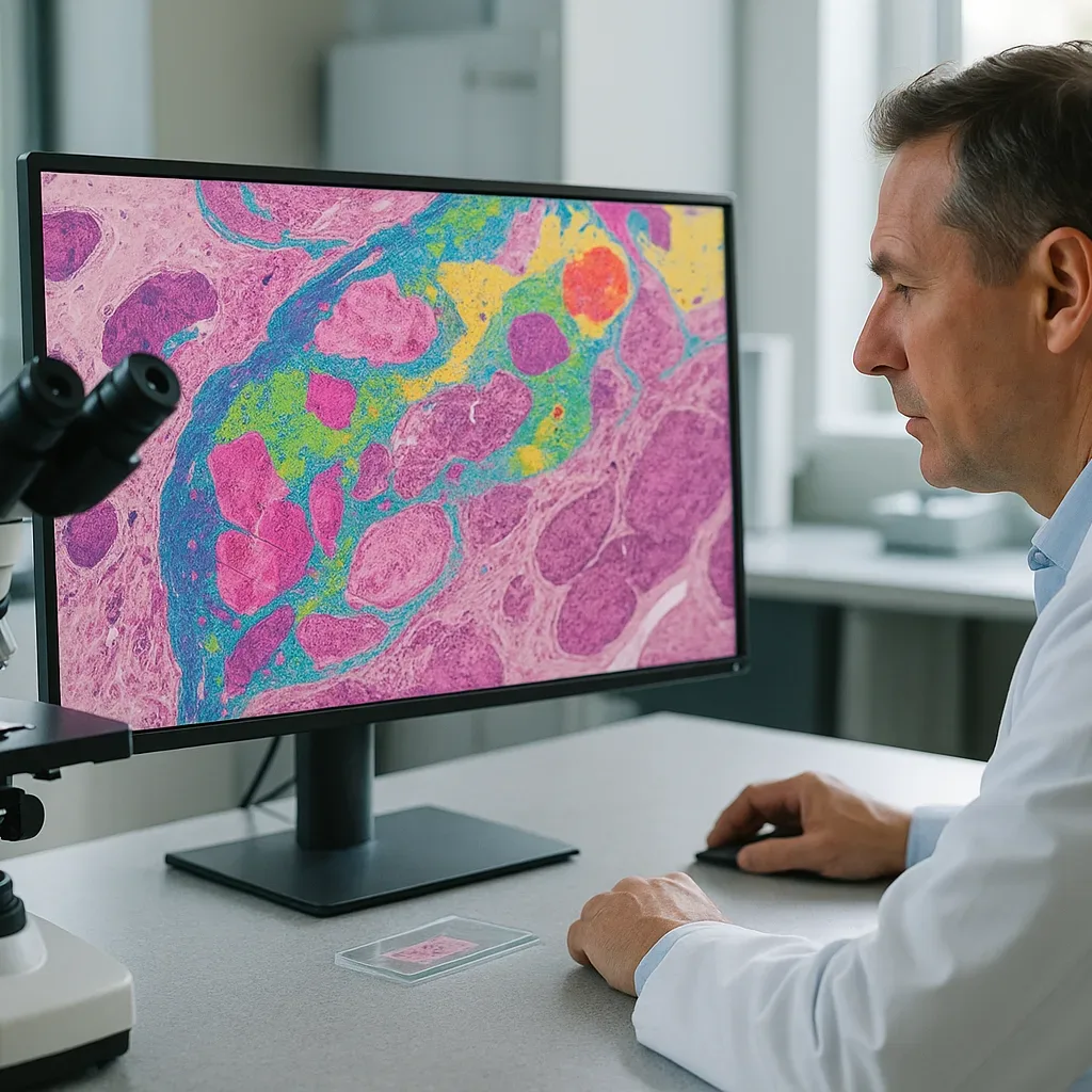 Patologista analisando lâminas histopatológicas em monitor digital