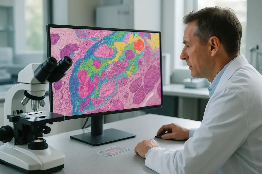 Patologista analisando lâminas histopatológicas em monitor digital