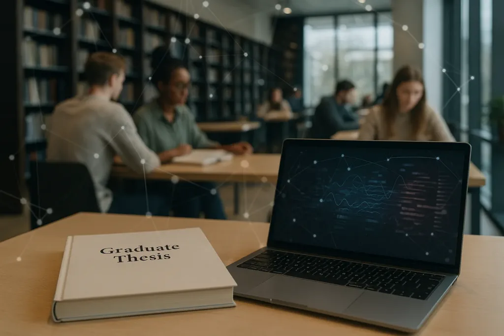 Biblioteca universitária com análise de texto por IA em tela de notebook