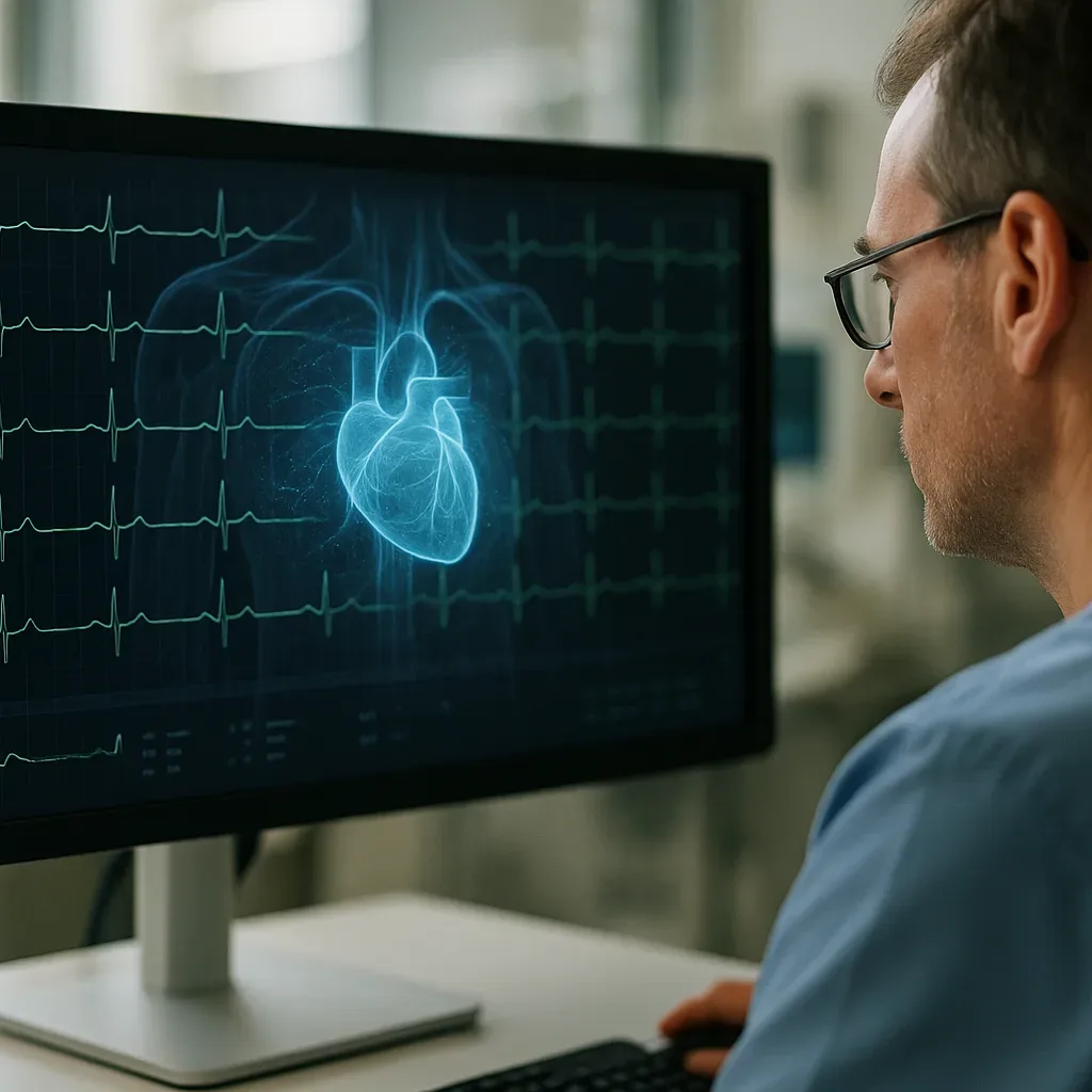 Médico analisa ECG em monitor com apoio de IA em tempo real