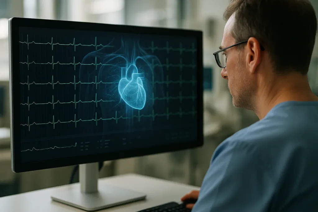 Médico analisa ECG em monitor com apoio de IA em tempo real