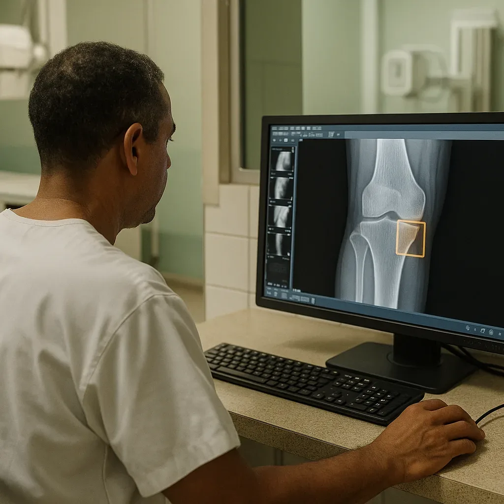 Radiologista analisa raio-X com apoio de IA em hospital público brasileiro