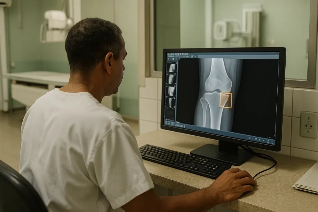 Radiologista analisa raio-X com apoio de IA em hospital público brasileiro