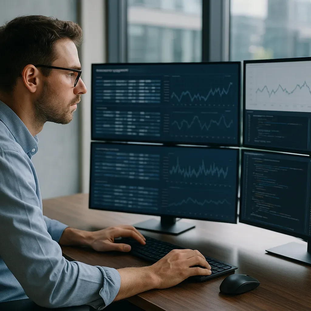 Cientista de dados analisando transações financeiras em monitores