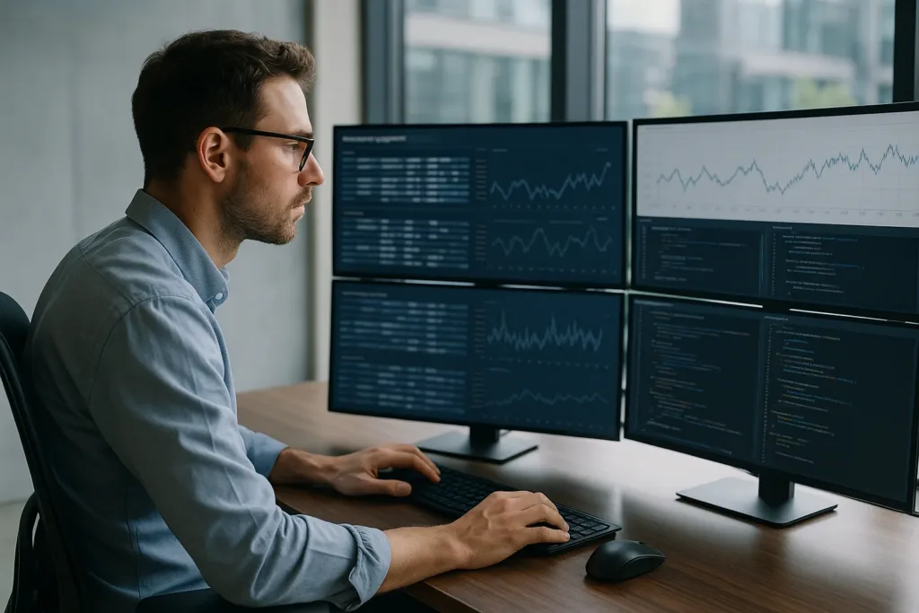 Cientista de dados analisando transações financeiras em monitores