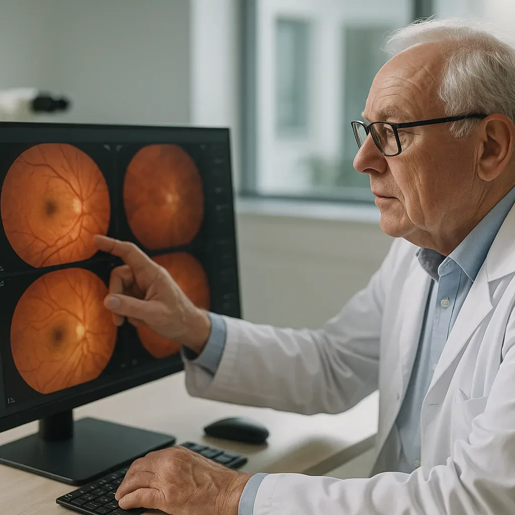Oftalmologista analisando exames de retina em clínica moderna