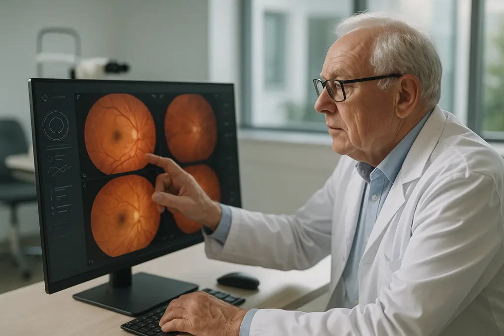 Oftalmologista analisando exames de retina em clínica moderna