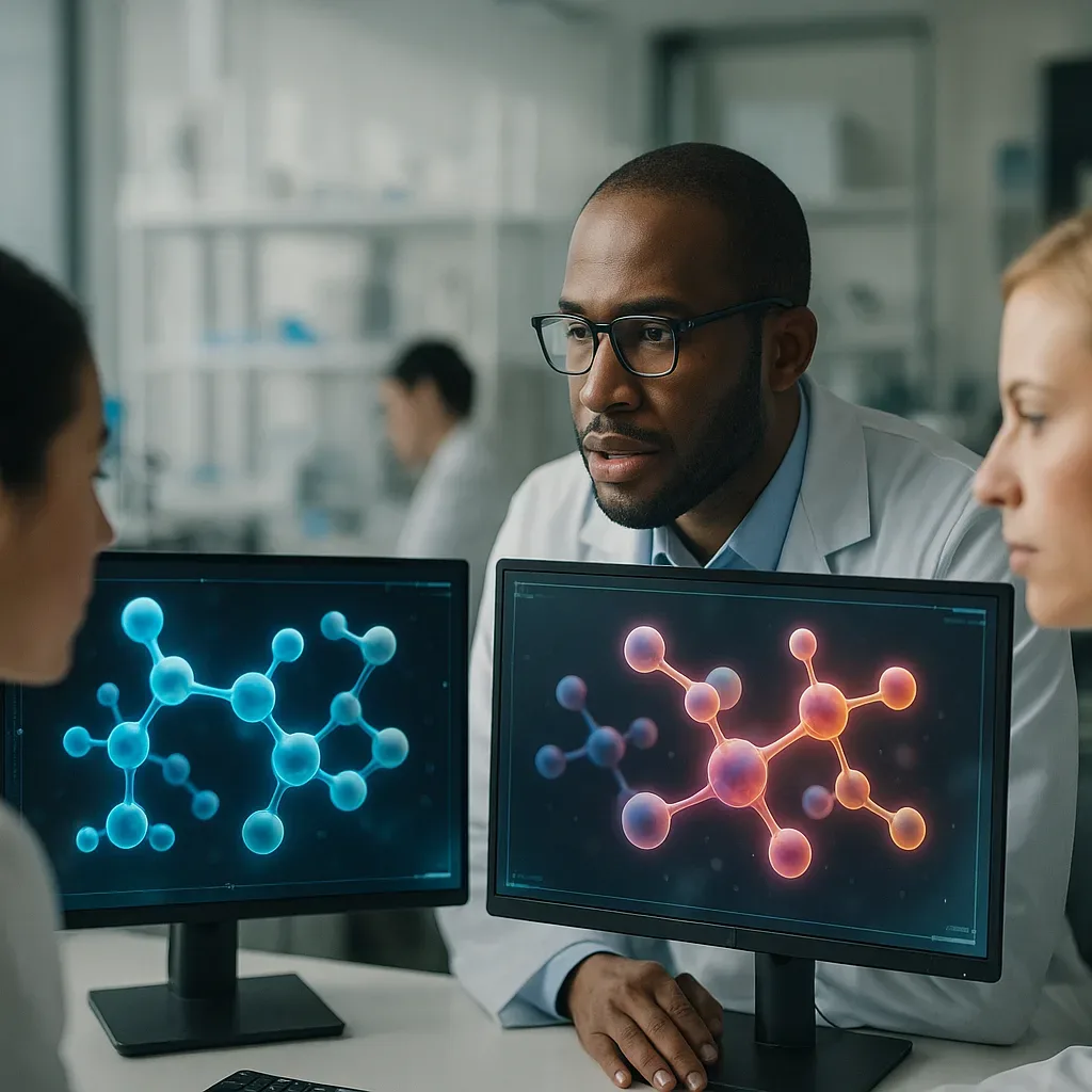 Equipe de laboratório analisando moléculas em telas com visualização de IA