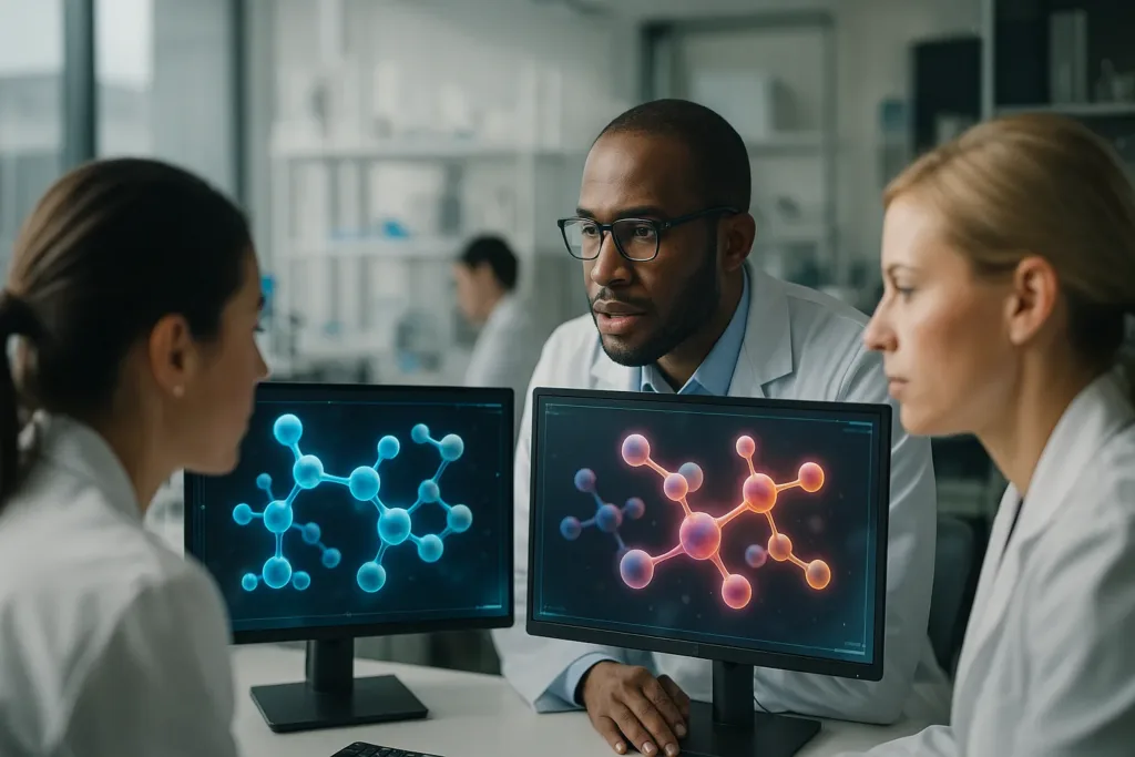 Equipe de laboratório analisando moléculas em telas com visualização de IA