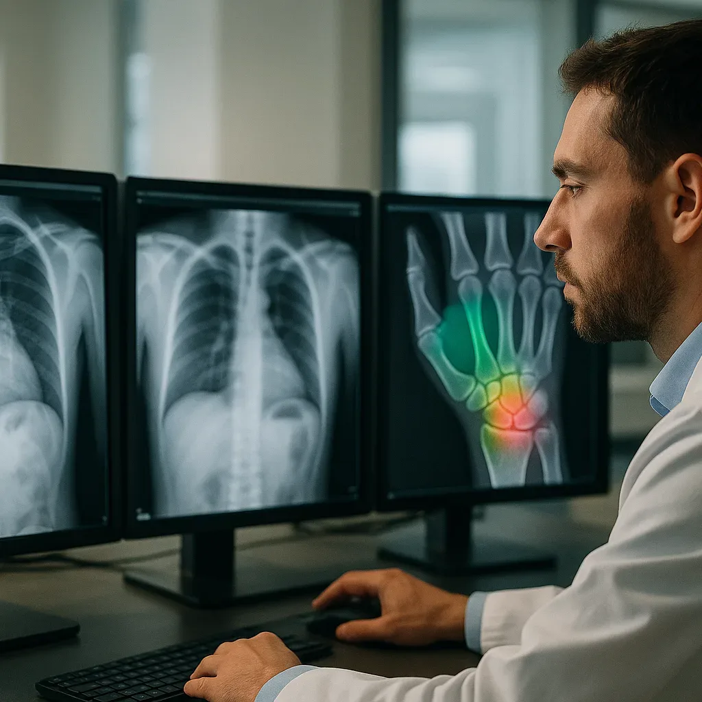 Radiologista analisando exames com destaque de fratura por IA
