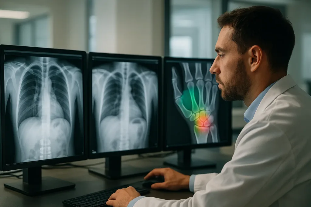 Radiologista analisando exames com destaque de fratura por IA